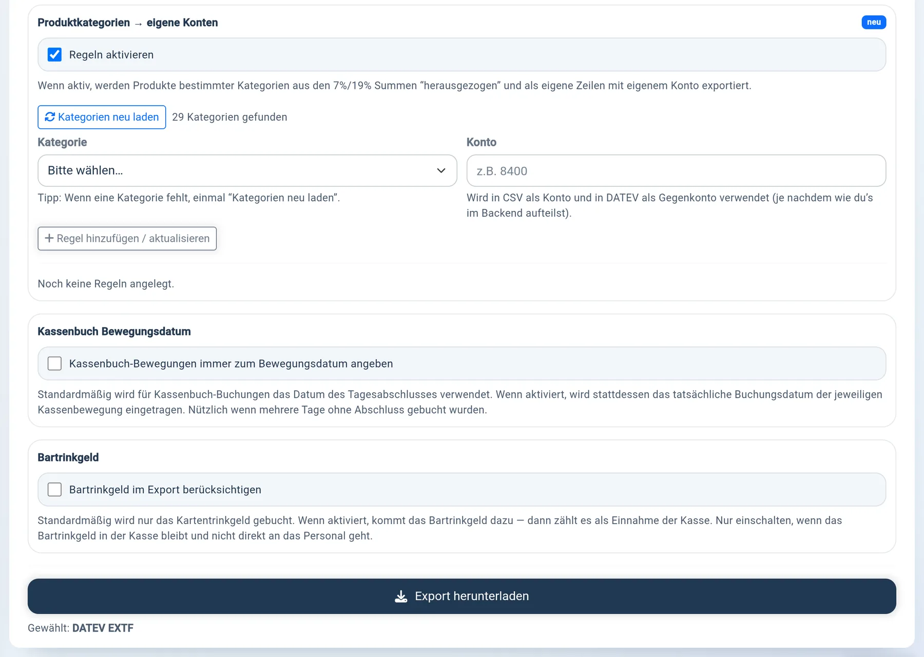 Schritt 4: Produktkategorien auf eigene Konten, Kassenbuch-Bewegungsdatum, Bartrinkgeld und Download