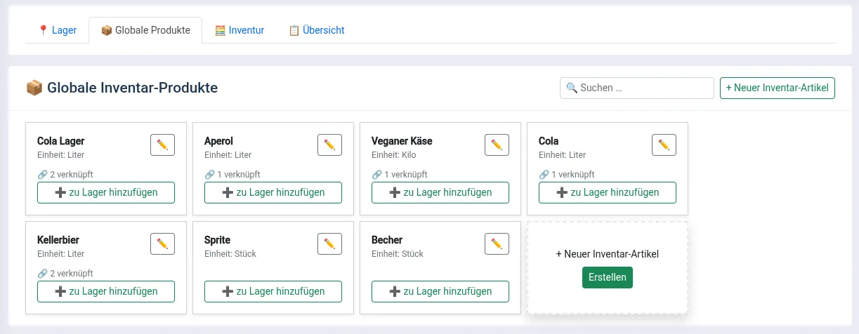 degaso globale Inventar-Produkte Übersicht mit Artikelverwaltung