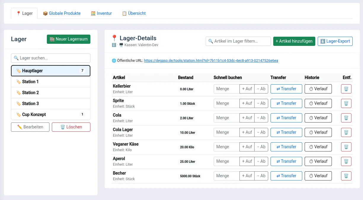 degaso Lager-Details mit Live-Beständen und Transfer-Funktionen