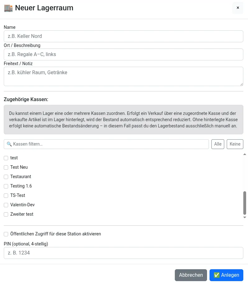 degaso Interface zum Erstellen eines neuen Lagerraums mit Kassenzuordnung